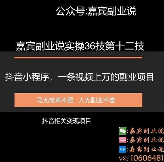 嘉宾副业说实操36技第十二技：抖音小程序教学，一条视频上万的实操项目教学,嘉宾副业说实操36技第十二技：抖音小程序教学，一条视频上万的实操项目教学,免费项目,抖音0基础短视频实战课，短视频运营赚钱新思路，零粉丝也能助你上热门,第1张