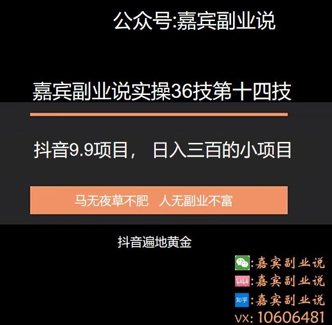 嘉宾副业说实操36技第十四技：抖音9.9项目，日入三百的小项目,嘉宾副业说实操36技第十四技：抖音9.9项目，日入三百的小项目,免费项目,抖音0基础短视频实战课，短视频运营赚钱新思路，零粉丝也能助你上热门,第1张