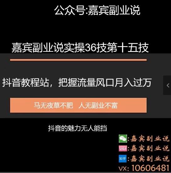 嘉宾副业说实操36技第十五技：抖音教程站，把握流量风口月入过万,嘉宾副业说实操36技第十五技：抖音教程站，把握流量风口月入过万,免费项目,抖音0基础短视频实战课，短视频运营赚钱新思路，零粉丝也能助你上热门,第1张