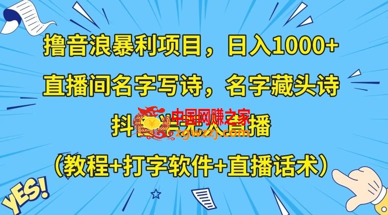 撸音浪暴利项目，日入1000+，直播间名字写诗，名字藏头诗，抖音半无人直播（教程+打字软件+直播话术）【揭秘】,撸音浪暴利项目，日入1000+，直播间名字写诗，名字藏头诗，抖音半无人直播（教程+打字软件+直播话术）【揭秘】,直播,项目,第1张