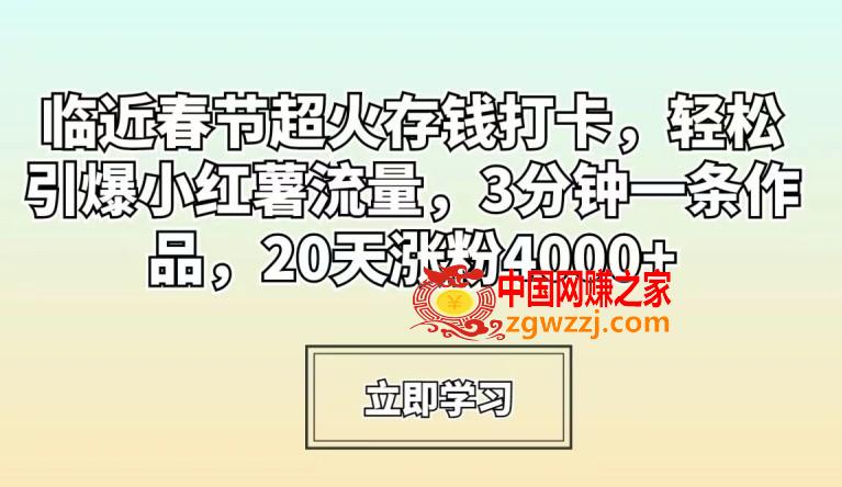 临近春节超火存钱打卡，轻松引爆小红薯流量，3分钟一条作品，20天涨粉4000+【揭秘】,临近春节超火存钱打卡，轻松引爆小红薯流量，3分钟一条作品，20天涨粉4000+【揭秘】,大家,项目,第1张